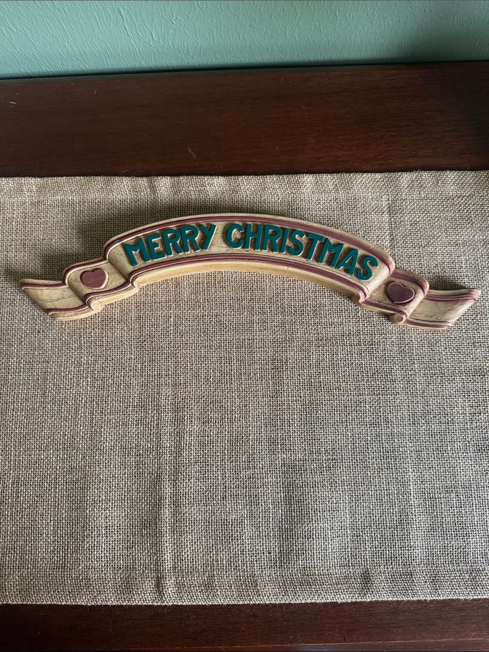 Vintage Homco Merry Christmas Banner 15” Green Red Hearts